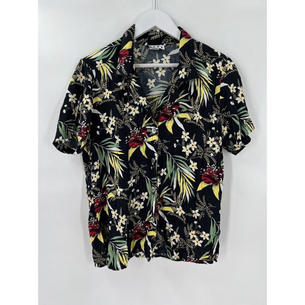 Erena Vintage Blouse Womens Large Black Button Up Short Sleeves Casual Tropical